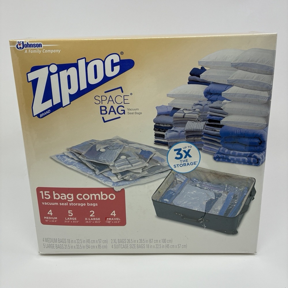 Ziploc Space Bag 15 Pack Space Saver Set 2 XL, 5 L, 4 M, 4 Travel New/Sealed